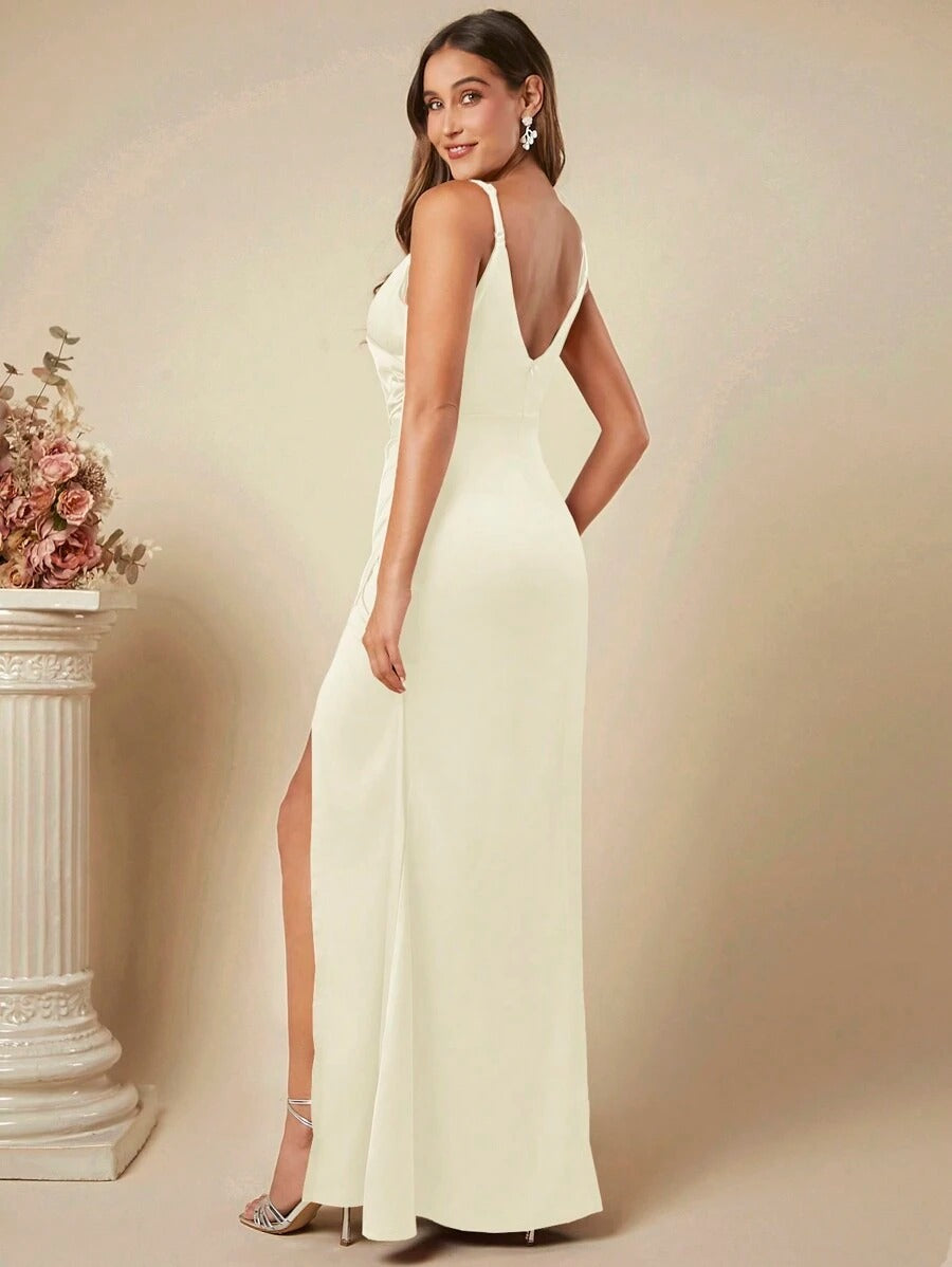 Women's Spring Summer Strap Satin Dress Sexy Pleated Bridesmaid Dress 39