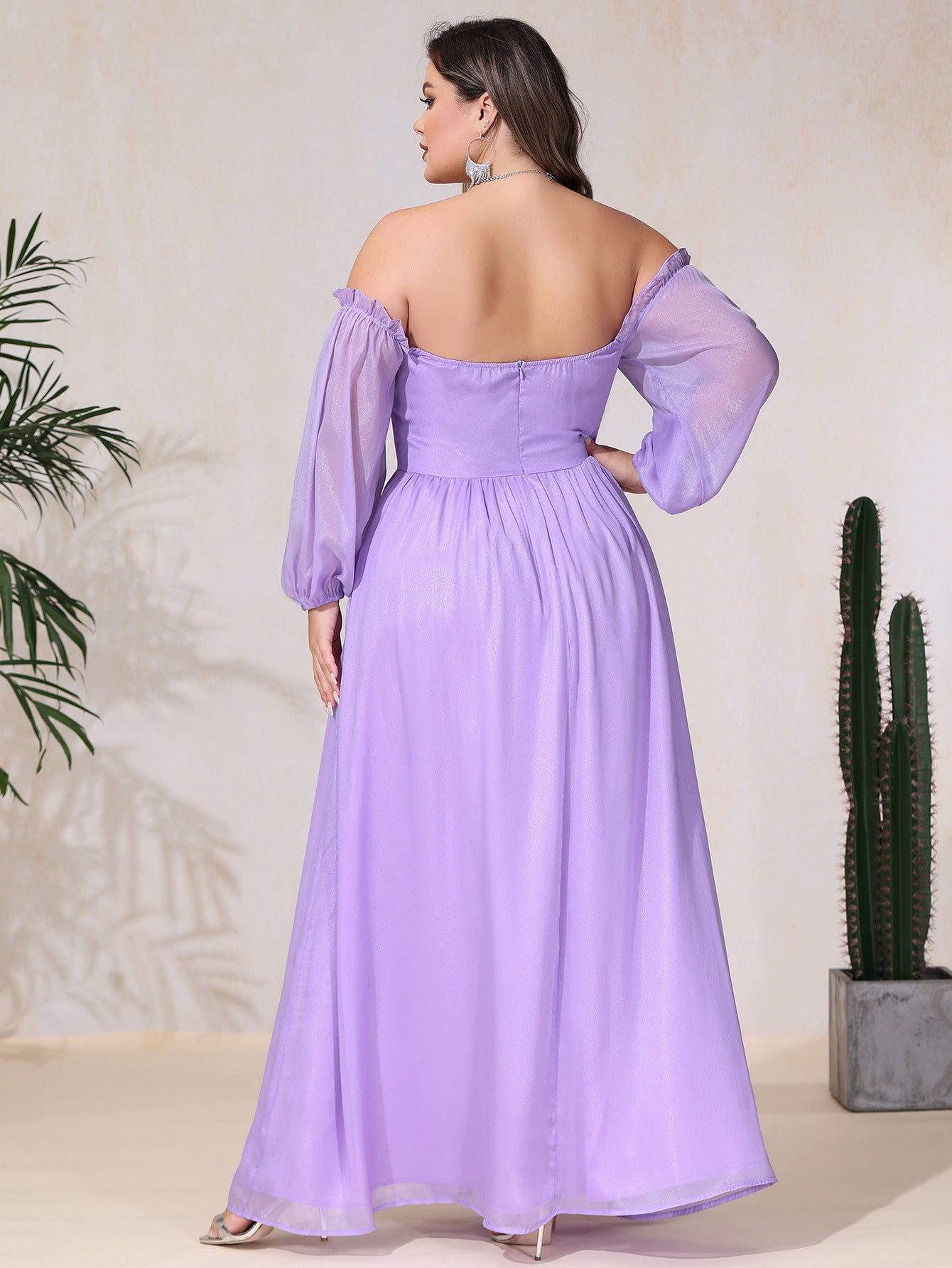 Plus Size Women Chiffon Off Shoulder Strapless Sexy Lace Puff Sleeve Dress 5