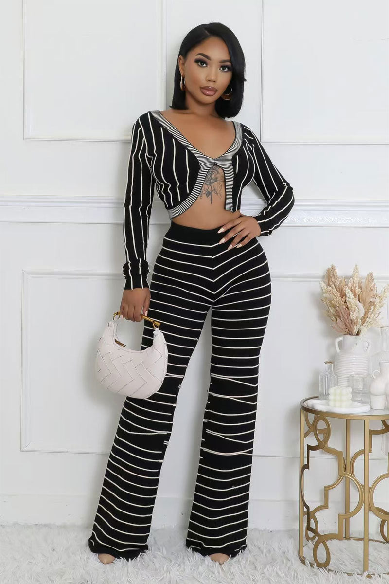 Casual Stripes Long Sleeve Top Trousers Autumn Two Piece Set 3