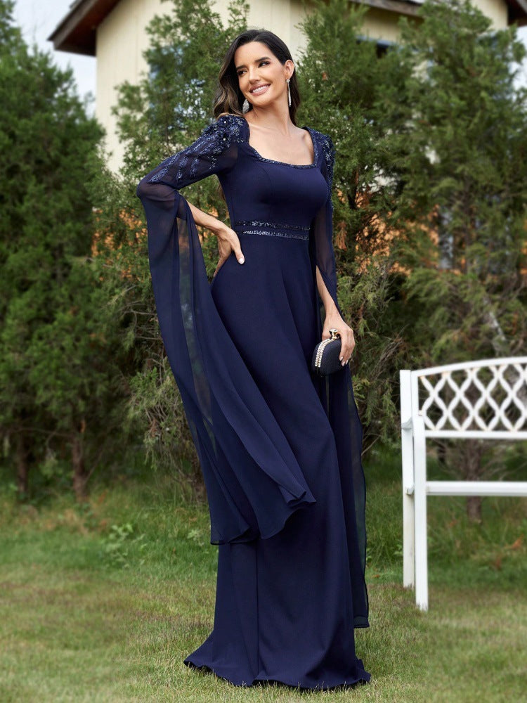 Women's Formal Cocktail Evening Chic Square Neck Long Sleeve Floor Length Chiffon Evening Dress 4