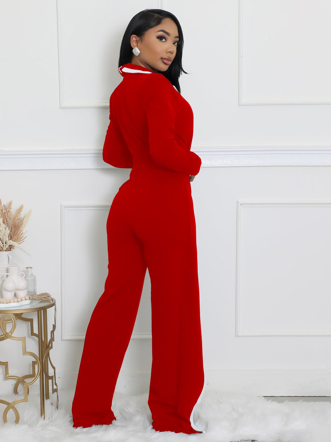 Women autumn and winter belt contrast color long-sleeved Jumpsuit 9