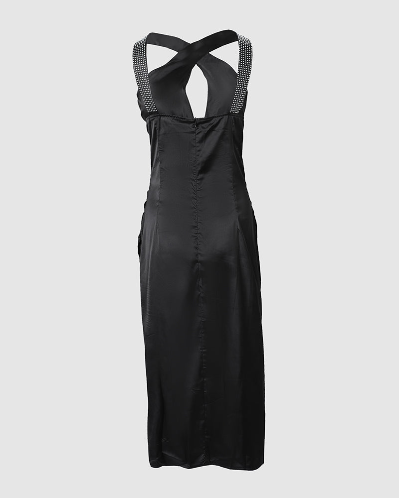 Women'S Straps Solid Satin Tight Fitting Club Dress 6