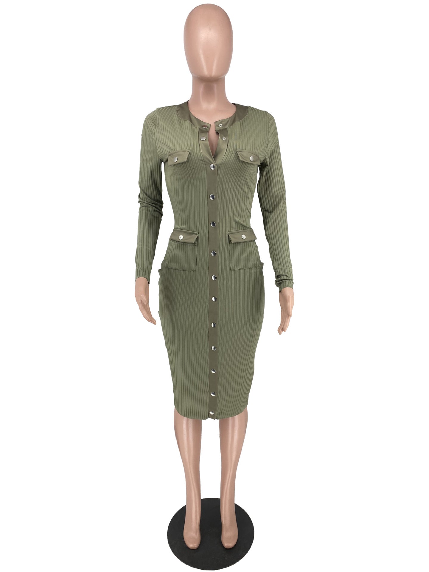 Ribbed Button Pocket Tight Fitting Stretch Dress 12