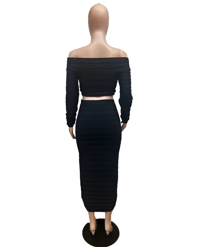 Women's Autumn and Winter Fashion Long Sleeve Off Shoulder Crop Top Drawstring Skirt Knitted two piece Set 12