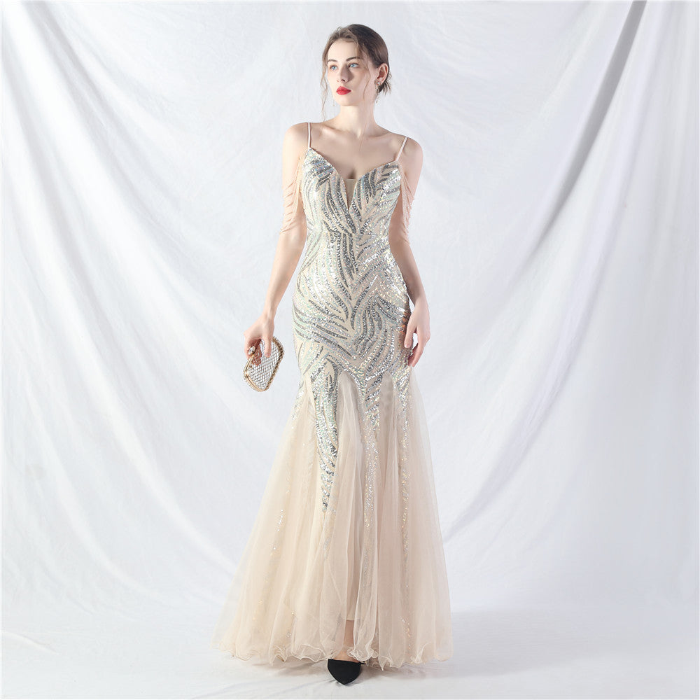 Sequin Patchwork Mesh strap luxury evening dress 4