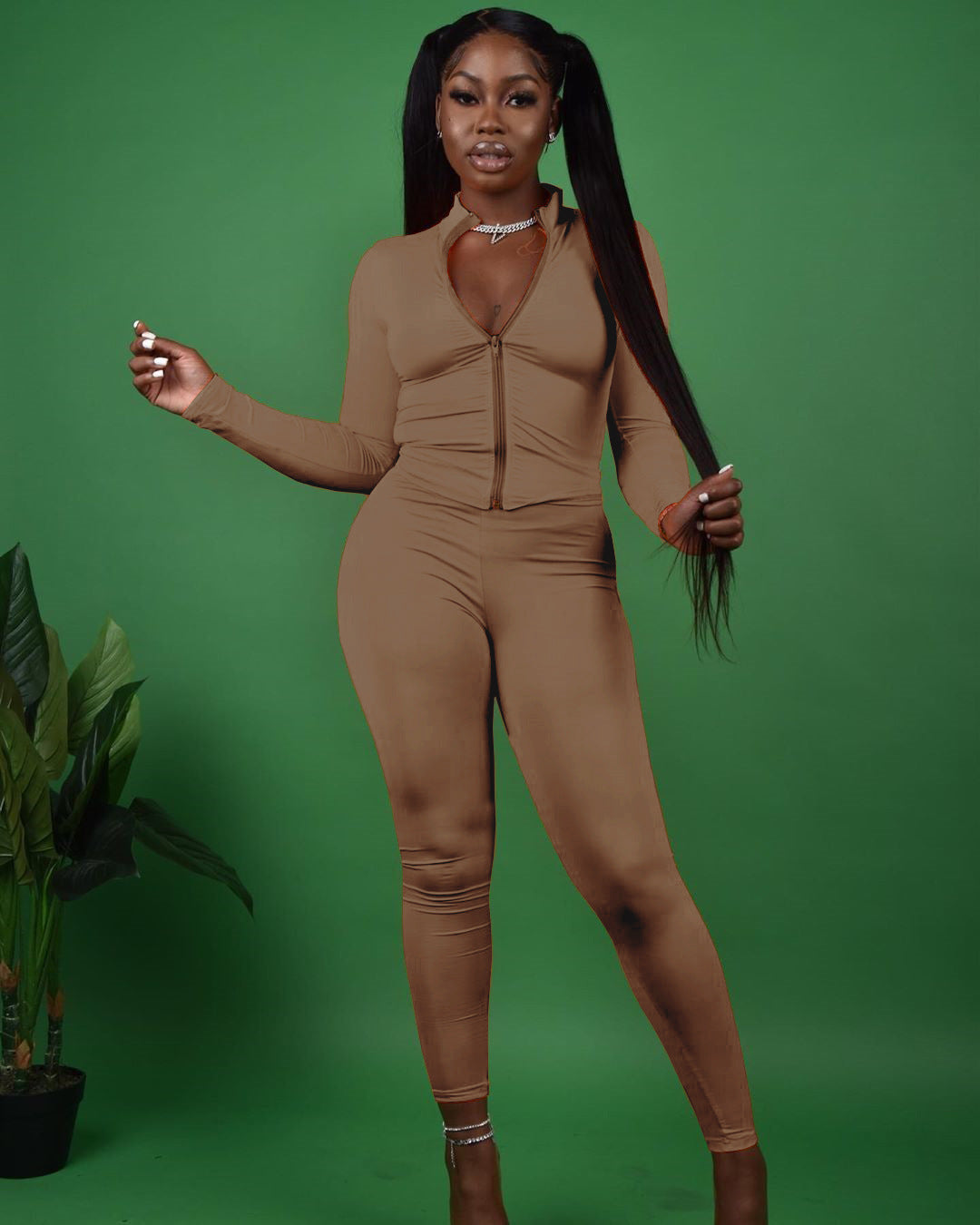 Women Fall Zipper Casual Sports Top and Two-piece trousers 4