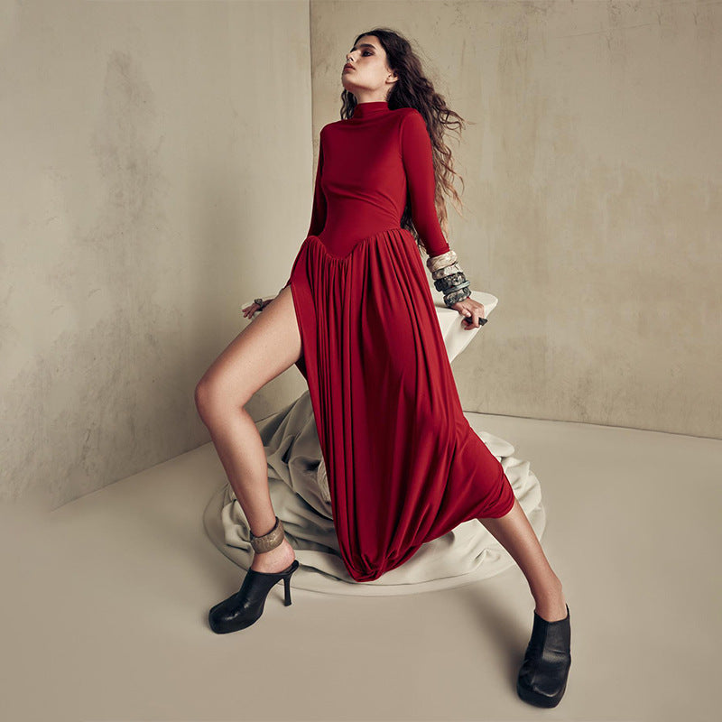 Autumn Solid Color High Neck Long Sleeve Slim Slit Pleated Long Dress 4