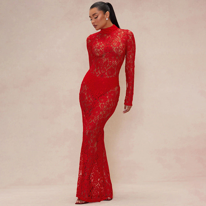 Women lace Patchwork half-high collar sexy dress 3