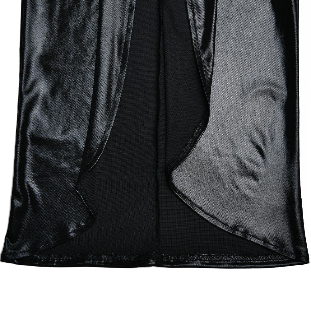 Sexy Chic V-Neck Long Sleeve Patchwork Pleated Leather Dress 25