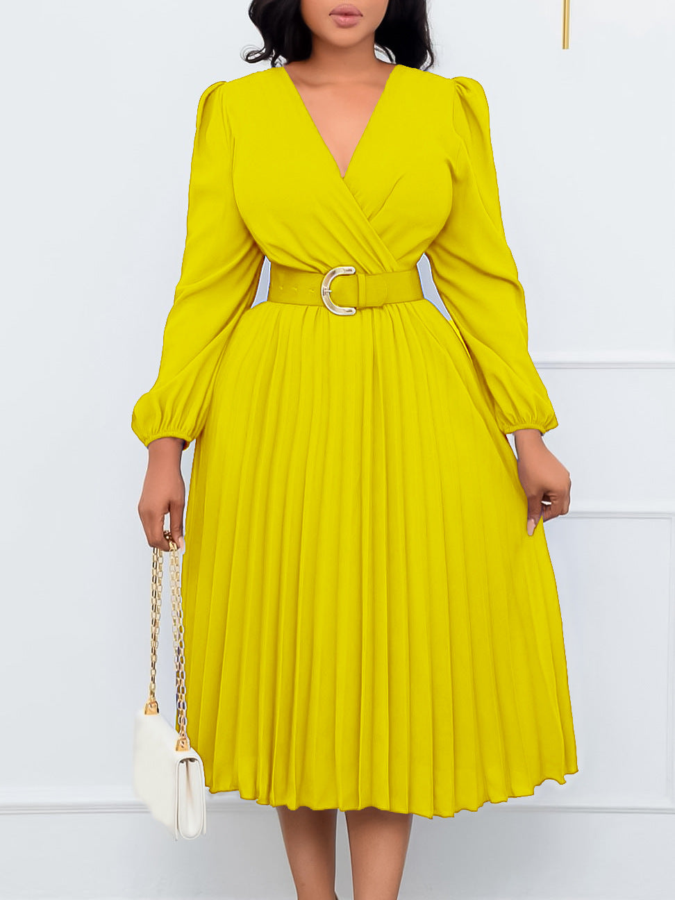 Plus Size Women Long Sleeve V-Neck Pleated Maxi Dress 8