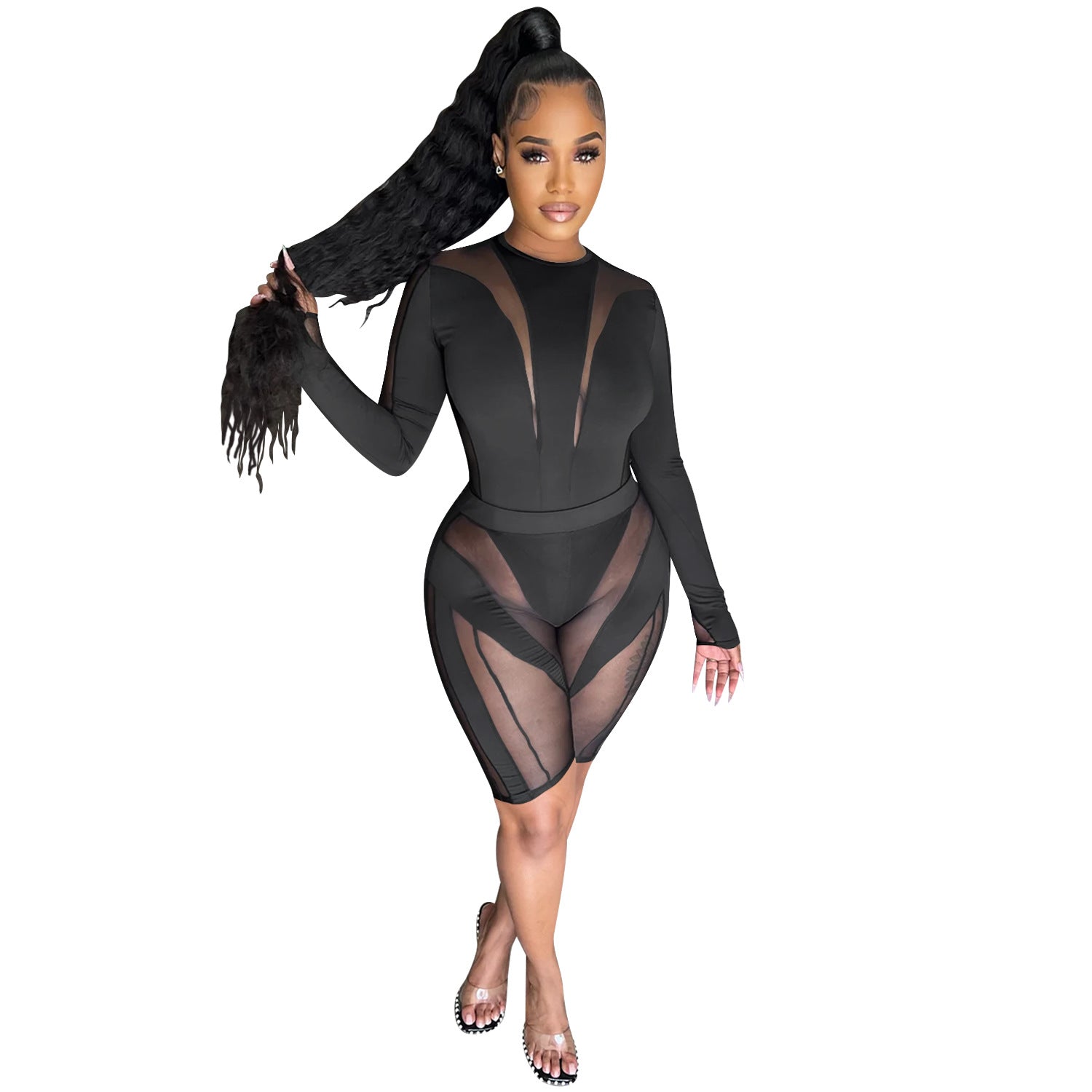 Women's Fashion Mesh See-Through Round Neck Shorts Long Sleeve Two Piece 9