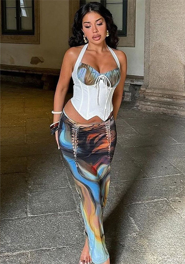 Women Printed Crop Top and Skirt Two-piece Set