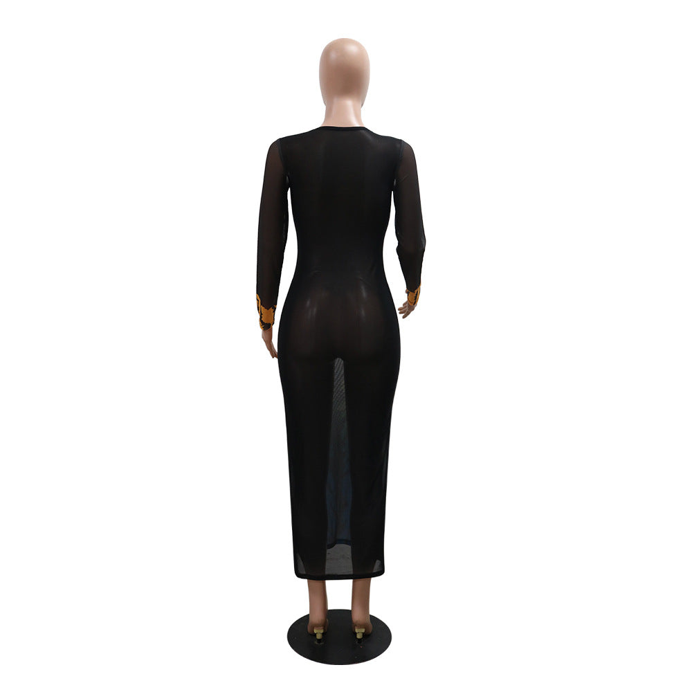 Women Fashion Round Neck See-Through Print Mesh Dress 7