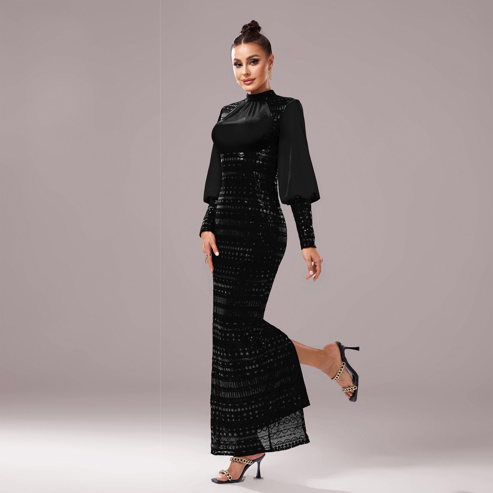 Luxury Long Sleeve Round Neck Formal Party Sequin Slim Slit Evening Dress Women Bridesmaid Gown 6