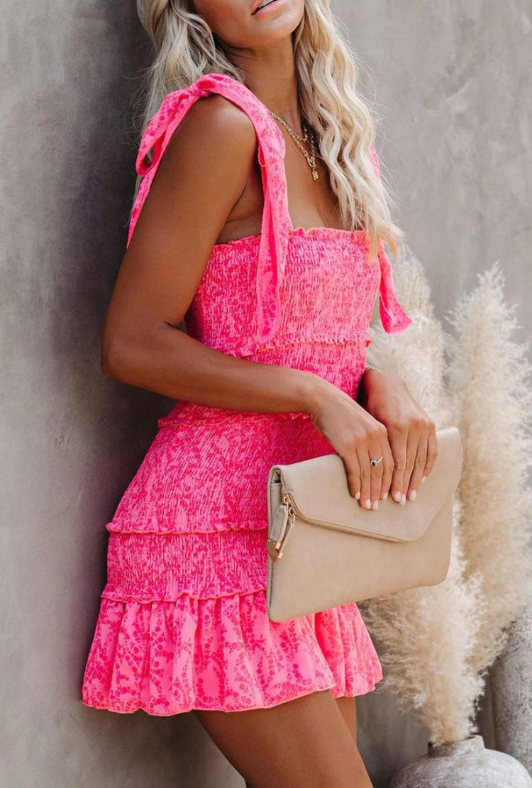 Summer Casual Pink Ruffles Knotted Strap Mini Sundress 3