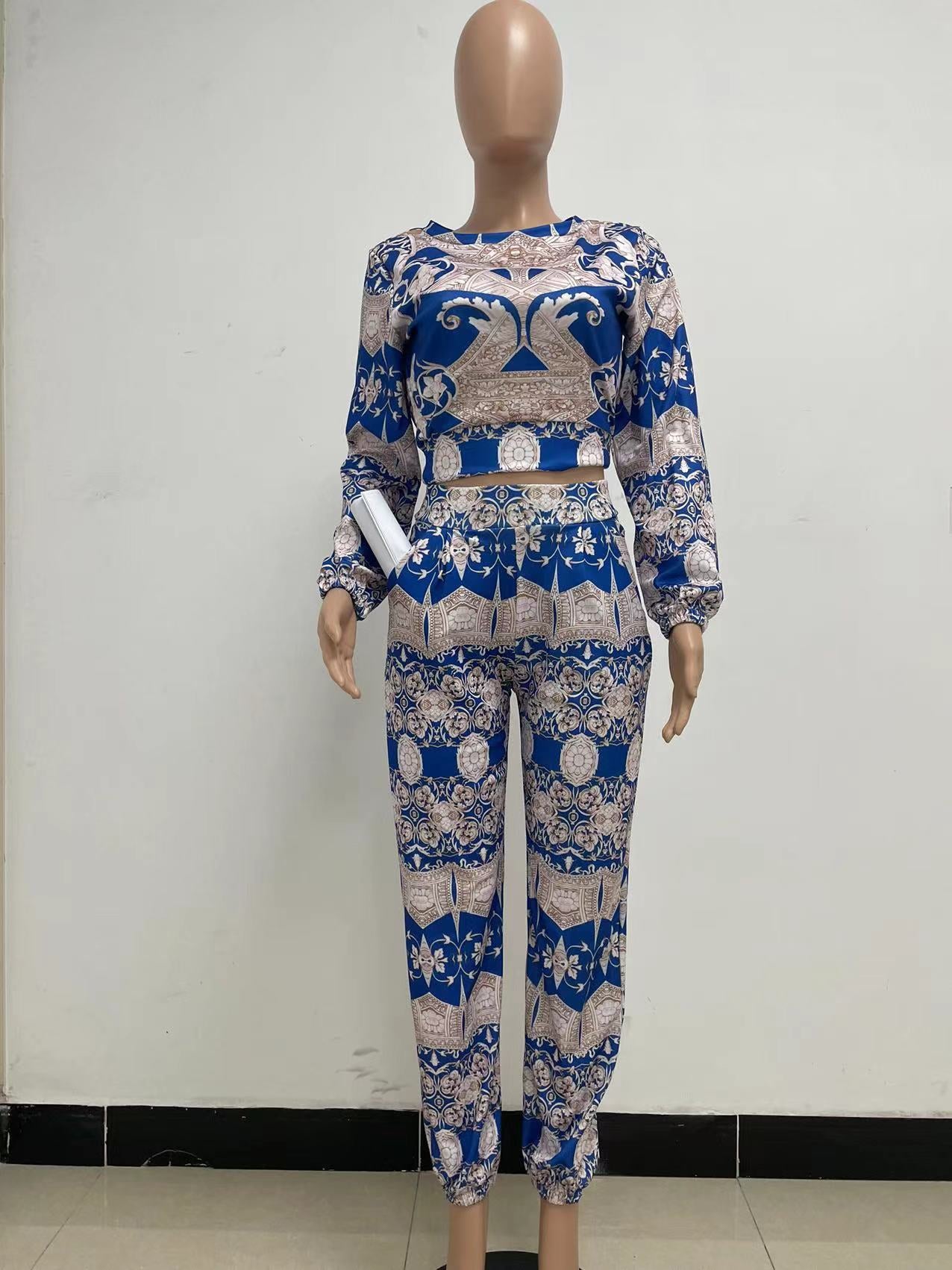 Women Printed Long Sleeve Top+ Pants Two Piece Set 7