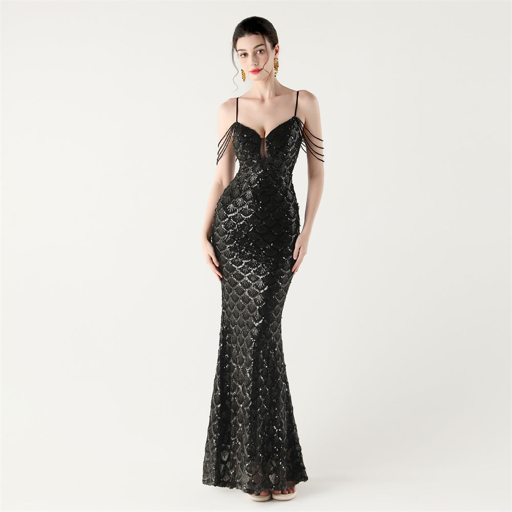 Deep V Strap Sequin Fishtail Evening Dress for Formal Occasions 6