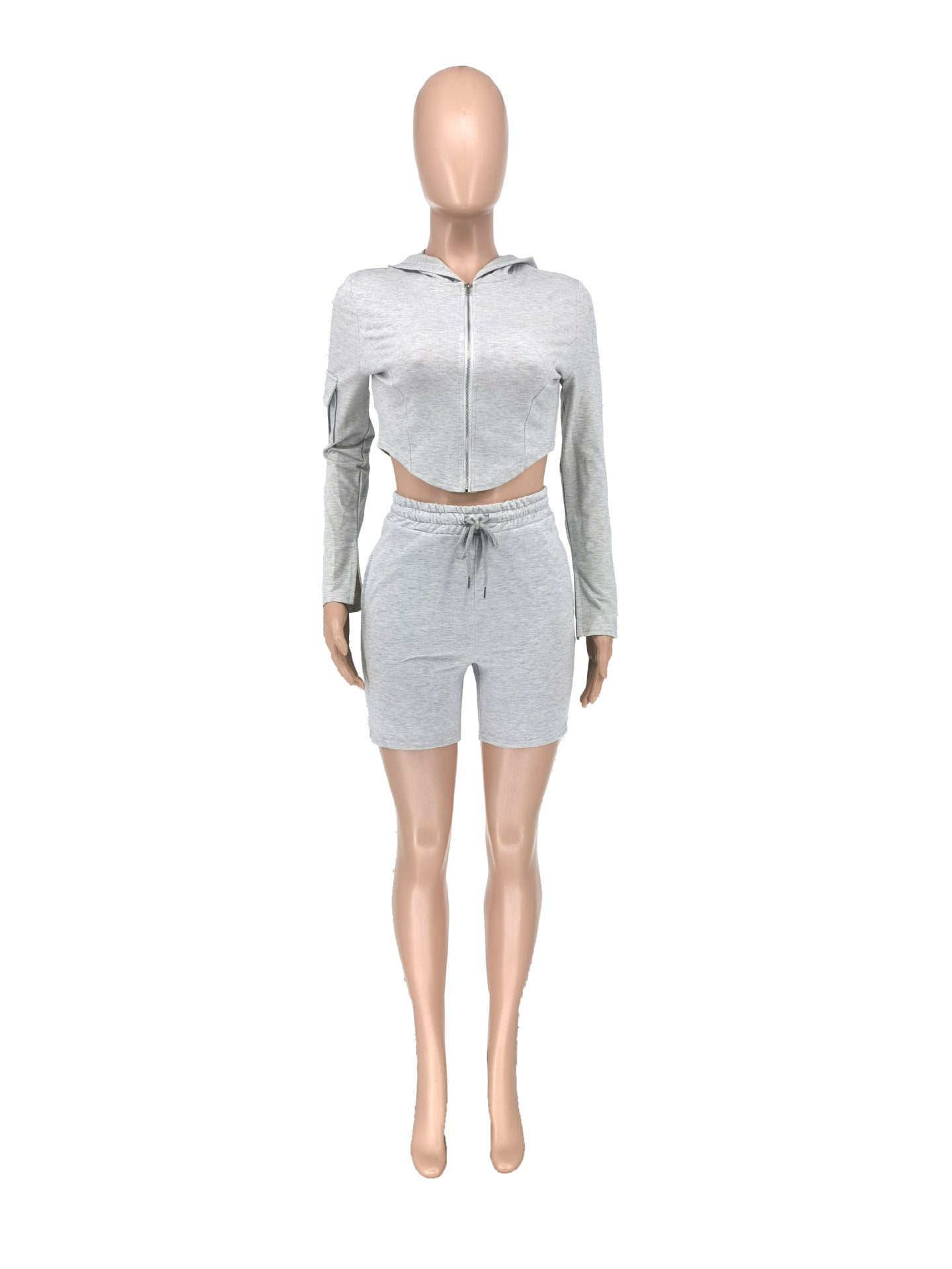 Women Casual Long Sleeve Top and Pocket Cargo Sports Shorts 2-piece Set 12