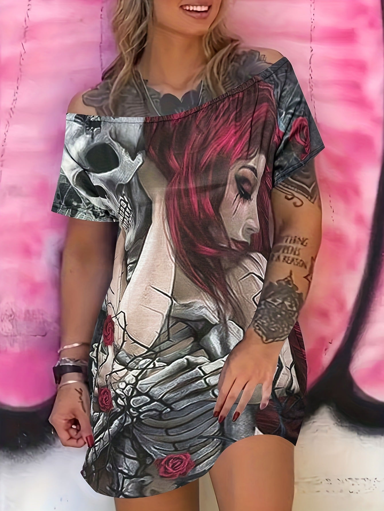 Women Sexy Slash Shoulder Skull Print Short Sleeve Dress 6
