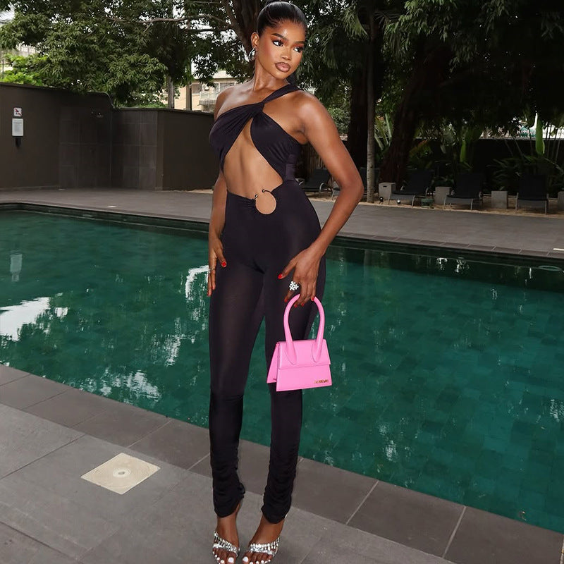 Women Solid Casual Metal Ring Pleated Hollow Asymmetric Jumpsuit 3