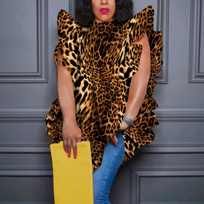 Women's Plus Size print Round Neck ruffle loose shirt top 4