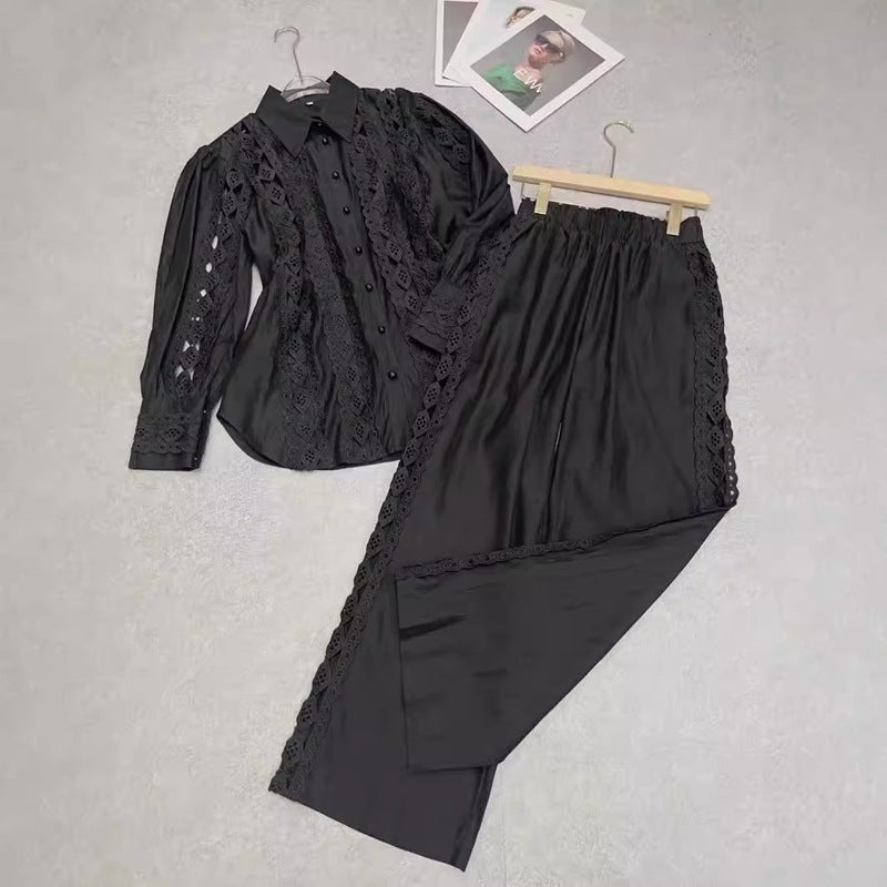 Women Spring Embroidered Hollow Career Shirt and Pants Two-piece Set 4