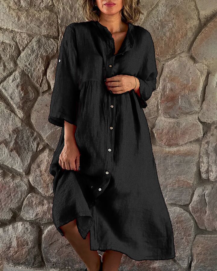 Women's Linen Solid Color Casual Stand Collar Button Long Dress 14