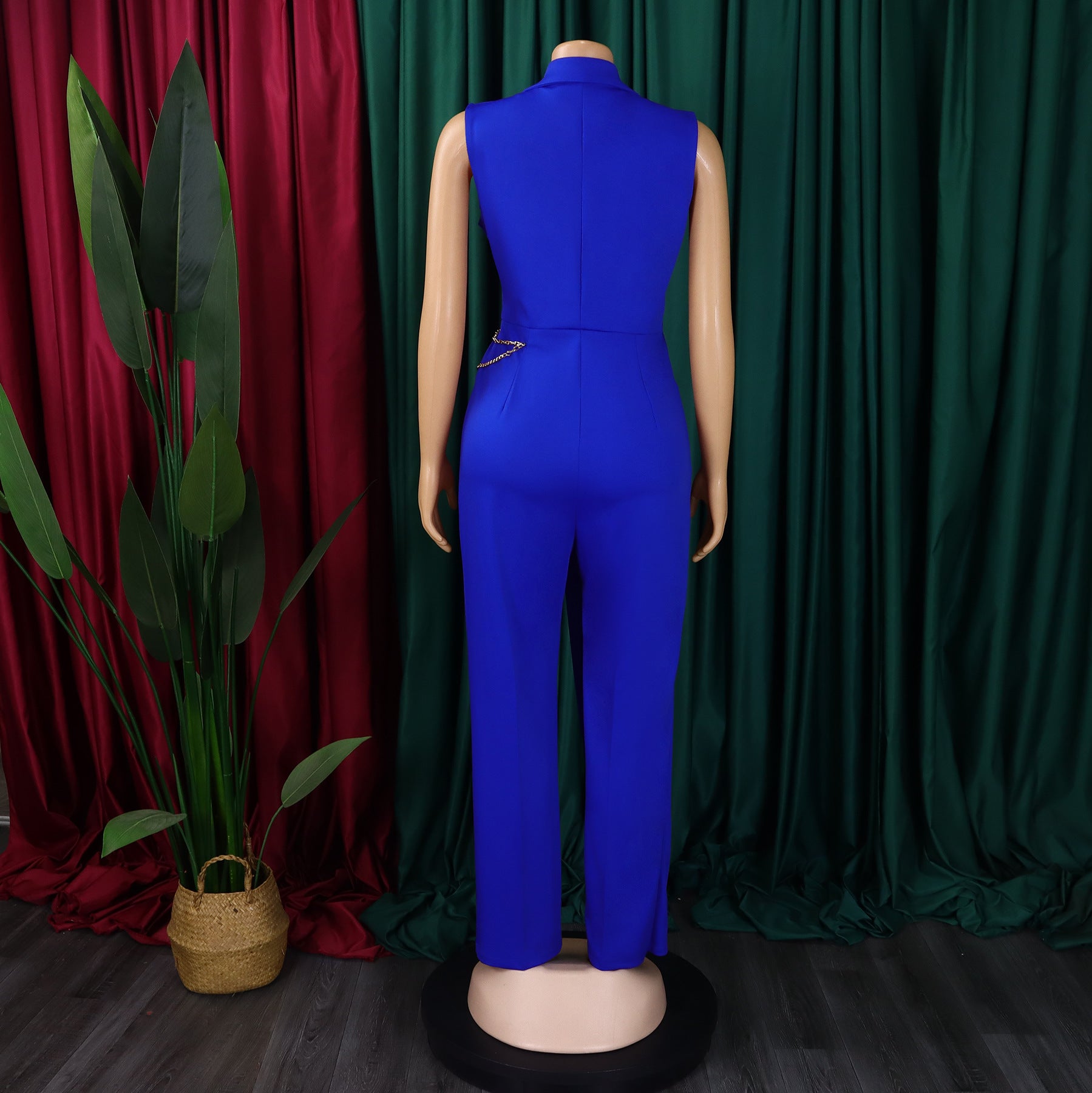 Women's Chic Elegant Turndown Collar Slim Waist Chain Loose Wide Leg Jumpsuit 17