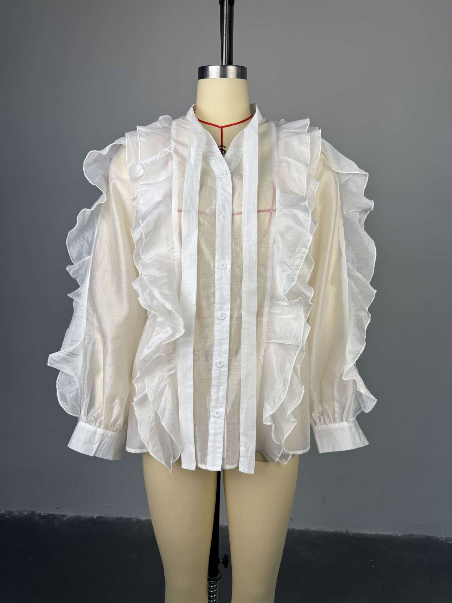 Women Fall Elegant Stand Collar Lantern Sleeve Long-sleeved Shirt Top 6