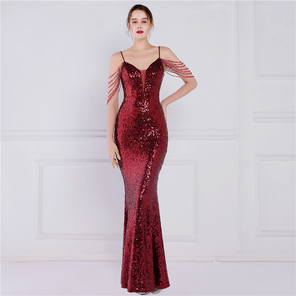 Women Summer Vintage Strap Sleeveless Solid Sequined Mermaid Evening Dress 5