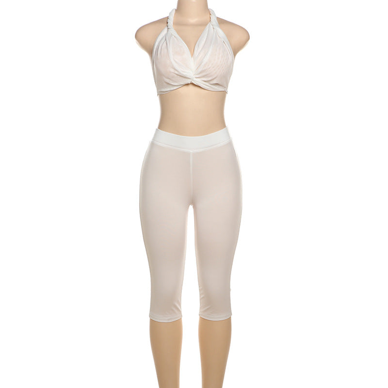 Fashionable and sexy Halter Neck Bra Top knee-length shorts sexy two piece set 7