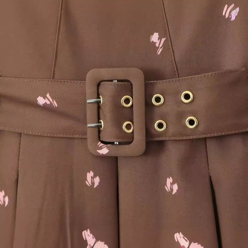 Women Summer French sexy belted pleated printed suspender dress 5