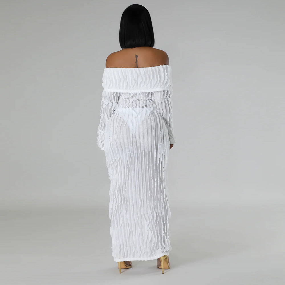 Spring Summer Women Fashion Sexy See-Through Off Shoulder Shirt Button Long Dress 6