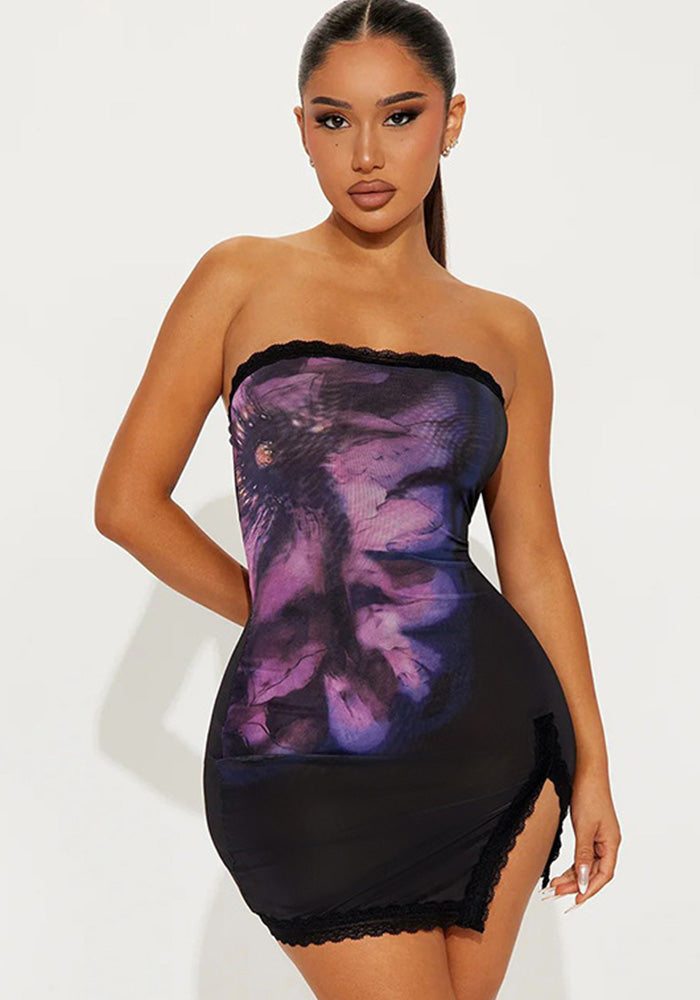 Women Spring and Summer Strapless Floral Print Lace Slit Bodycon Dress