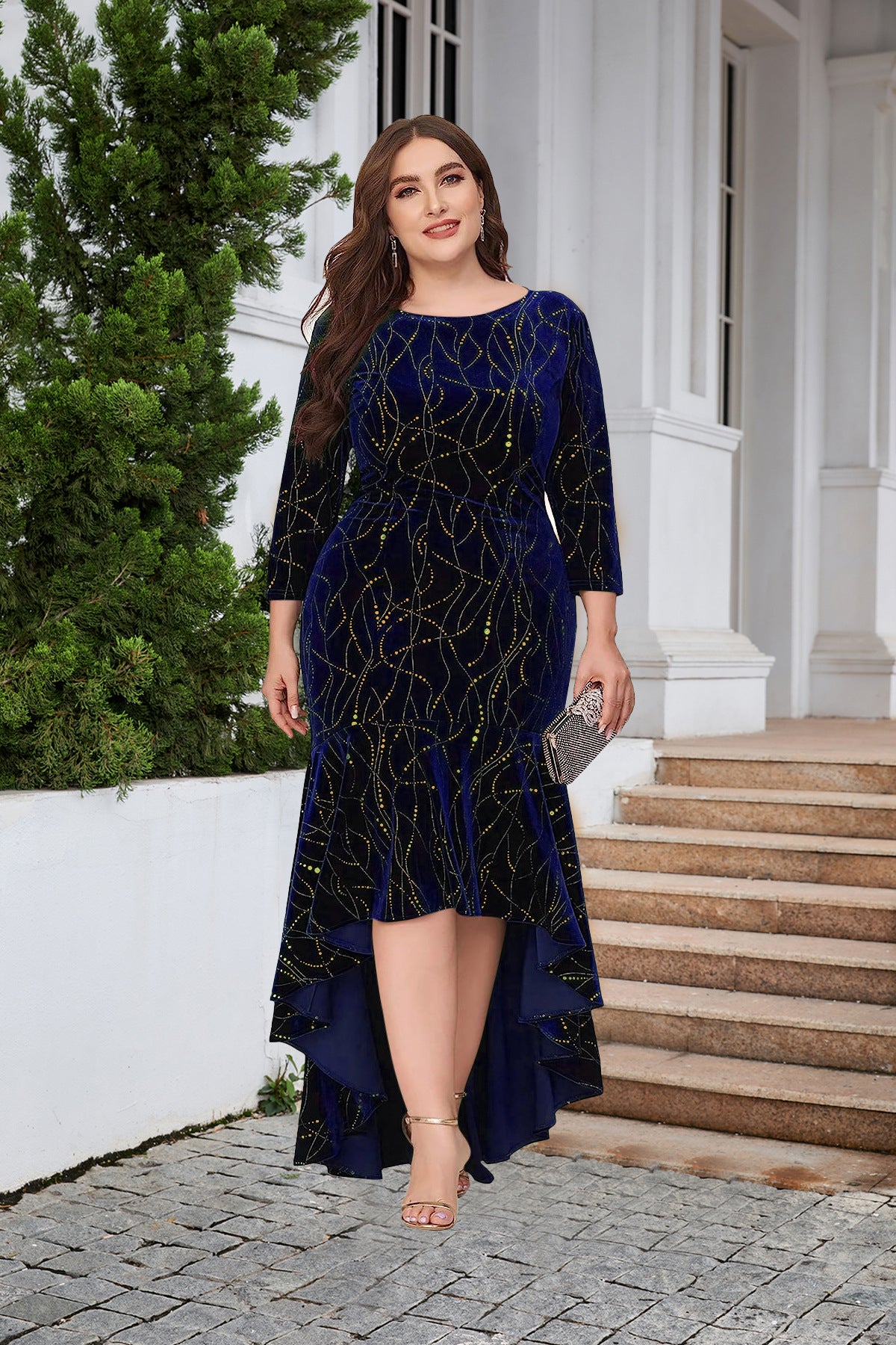 Women's Plus Size Three Quarter Sleeve Mermaid High Low Hem Long Velvet Formal dress 25