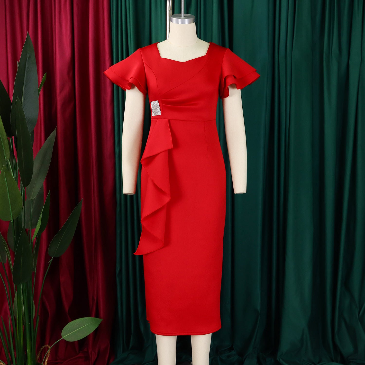 Women Elegant Ruffle Solid Bodycon Dress 19