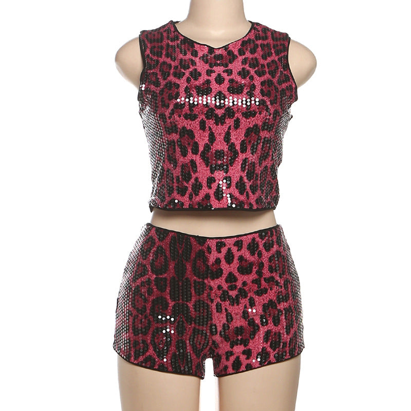 Women sexy animal leopard sequin sleeveless Top and shorts two-piece set 5
