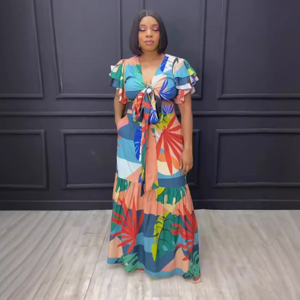 Women Sexy Printed Ruffle Lace-Up Top and Skirt Two-piece Set 5