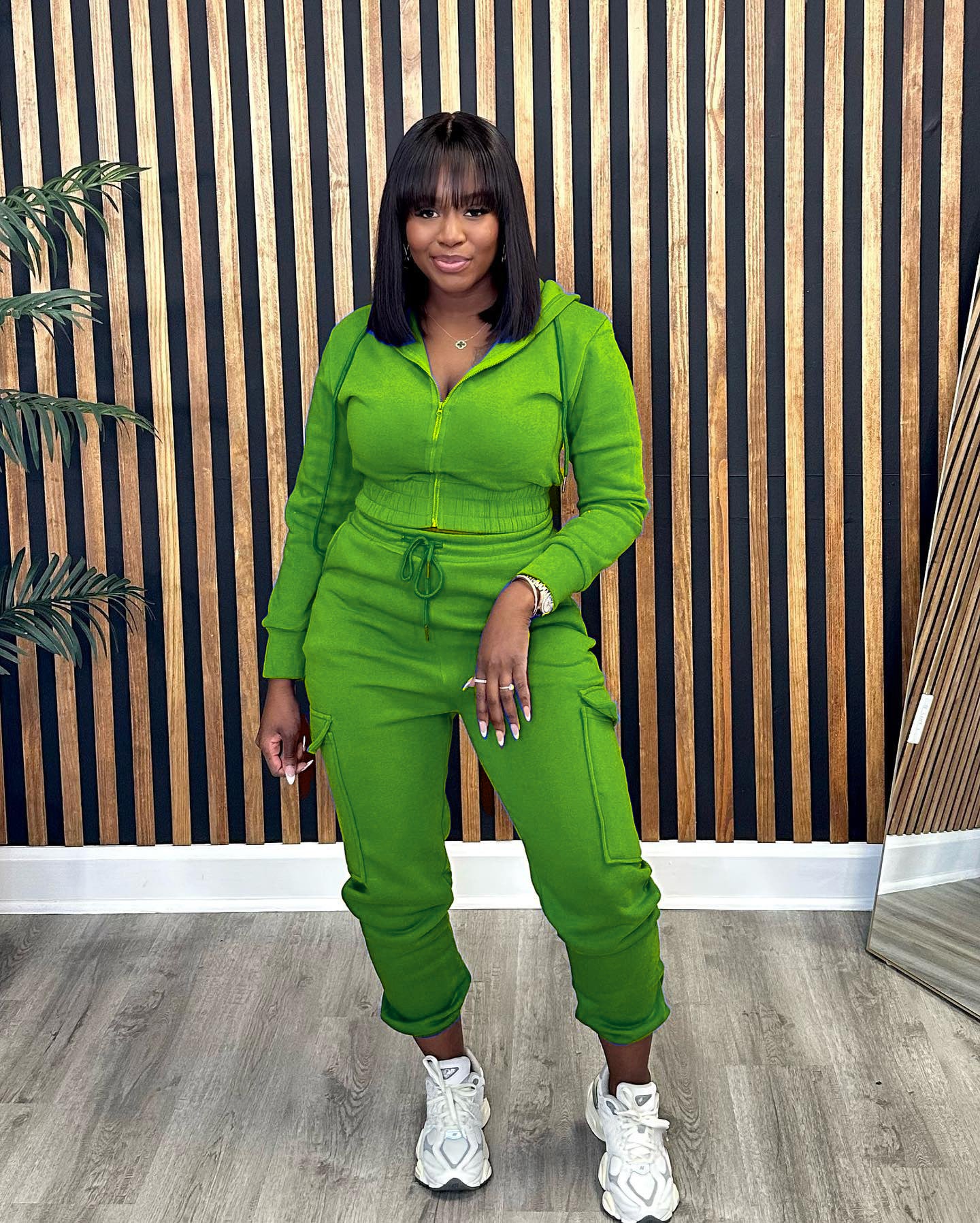 Autumn and winter Women fleece Hoodies and pocket trousers Solid two-piece set 3