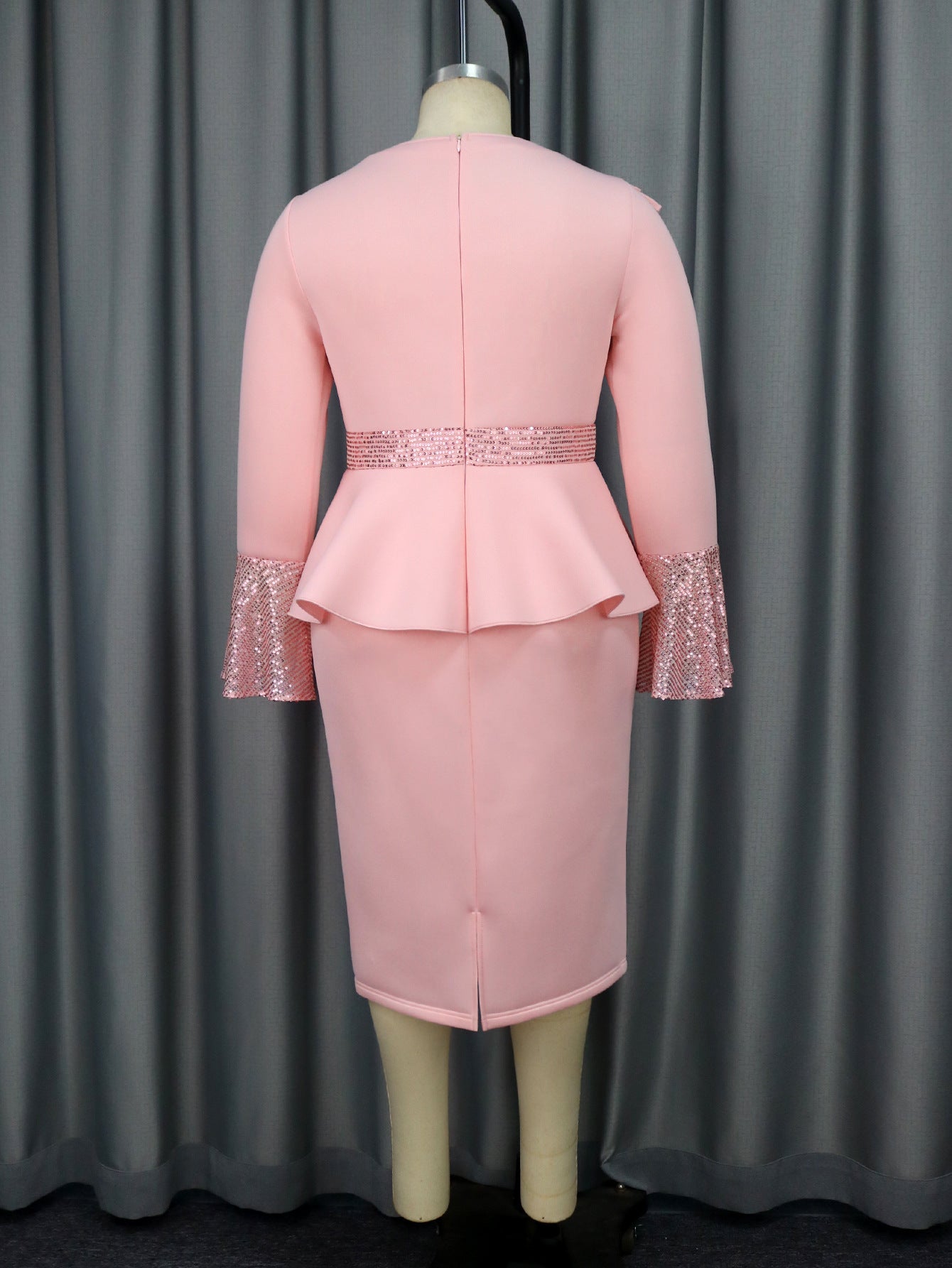 Women Round Neck Bell Bottom Sleeve Party Ruffle Sequin Dress 4