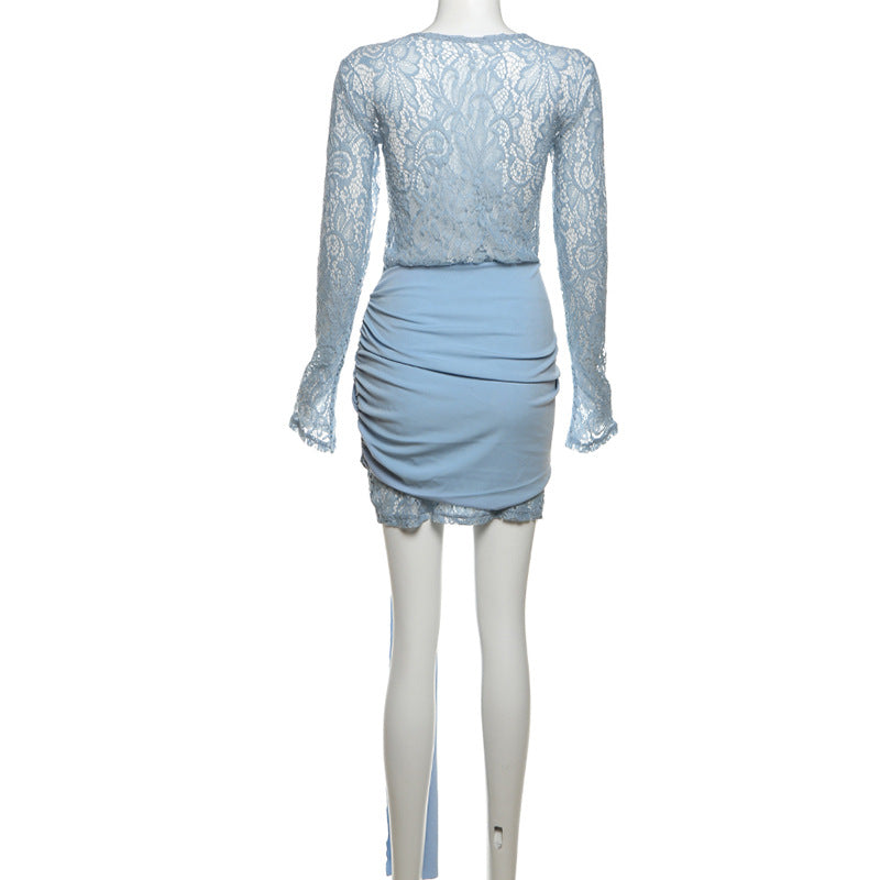 Women Sexy Round Neck Lace Patchwork Long Sleeve Dress 9