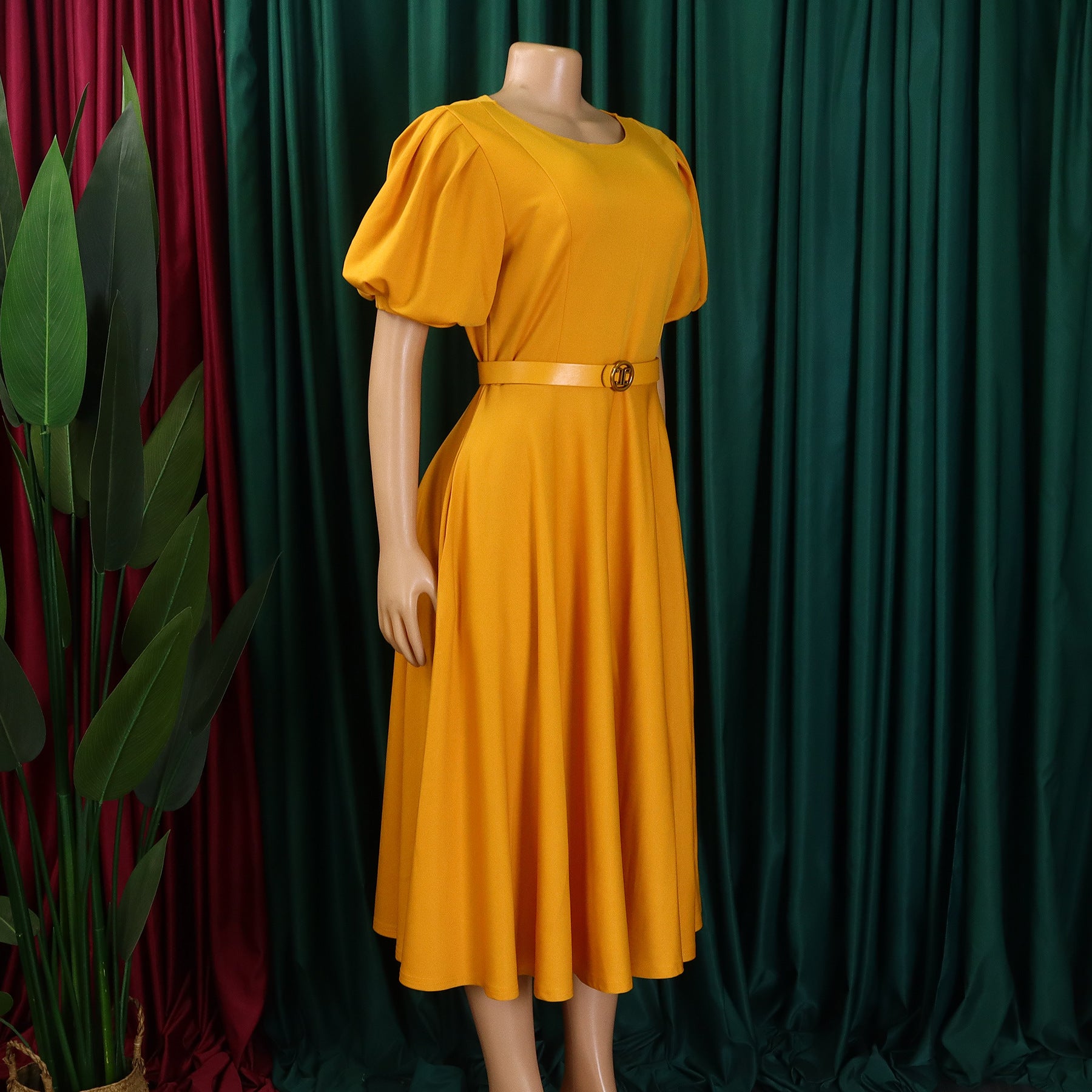 Women's Summer Trendy Puff-Sleeve Elegant High-Waist Solid Round Neck A-line African Dress 17