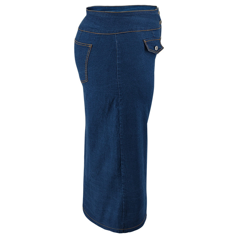 Plus Size Women Denim Button Fake Pocket Skirt 7