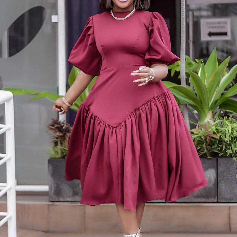 Women's Pleated African Plus Size Fashion Puff Sleeve Dress 5