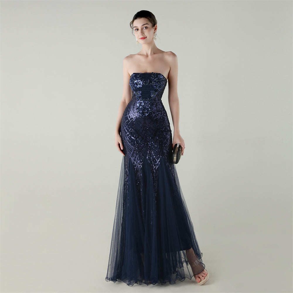 Women Strapless cross Lace-Up sequined tube flower sequined mesh evening dress Formal Party evening dress 53