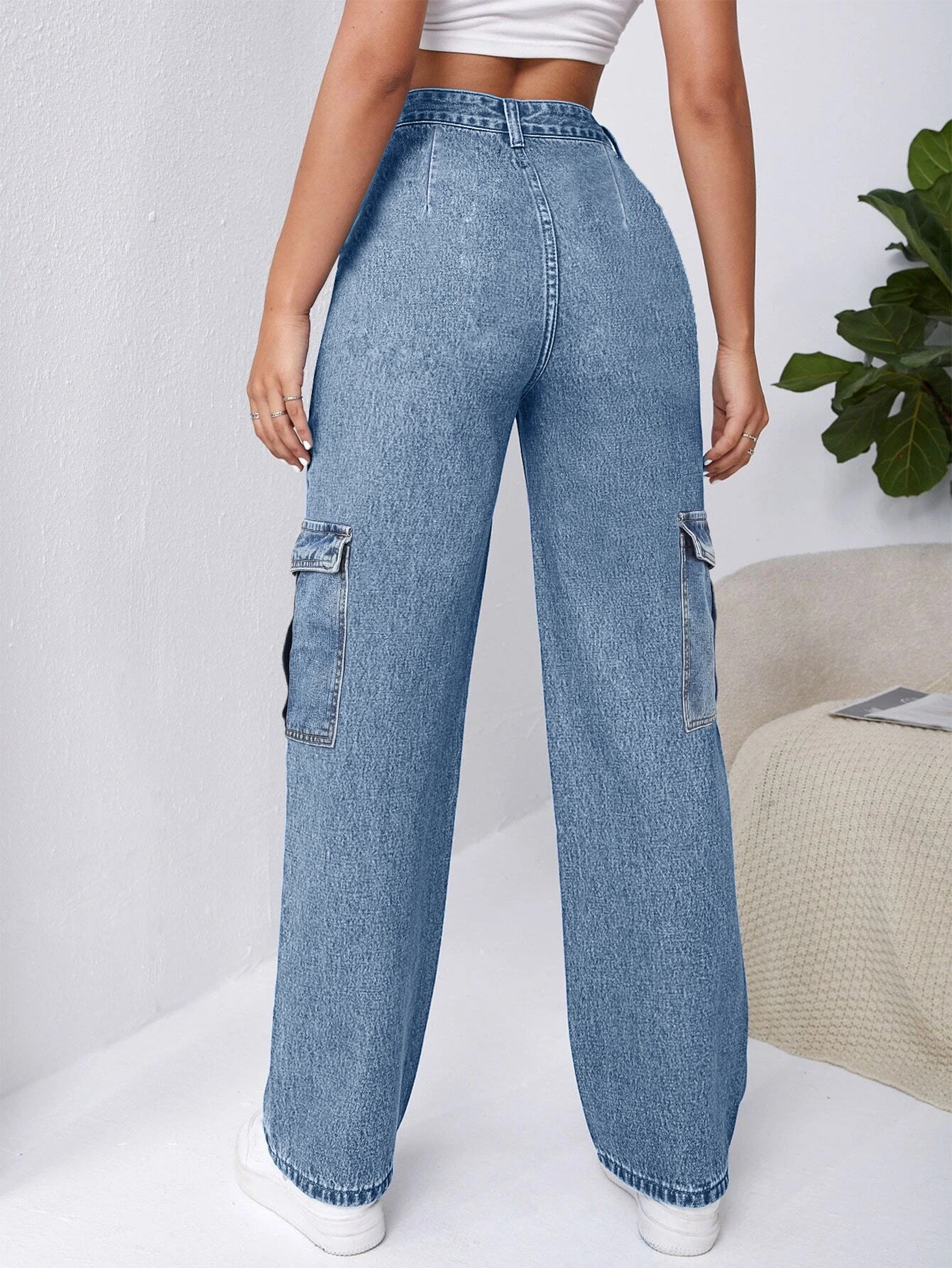 Women Fashion Style Denim Straight Cargo Pants Casual Jeans