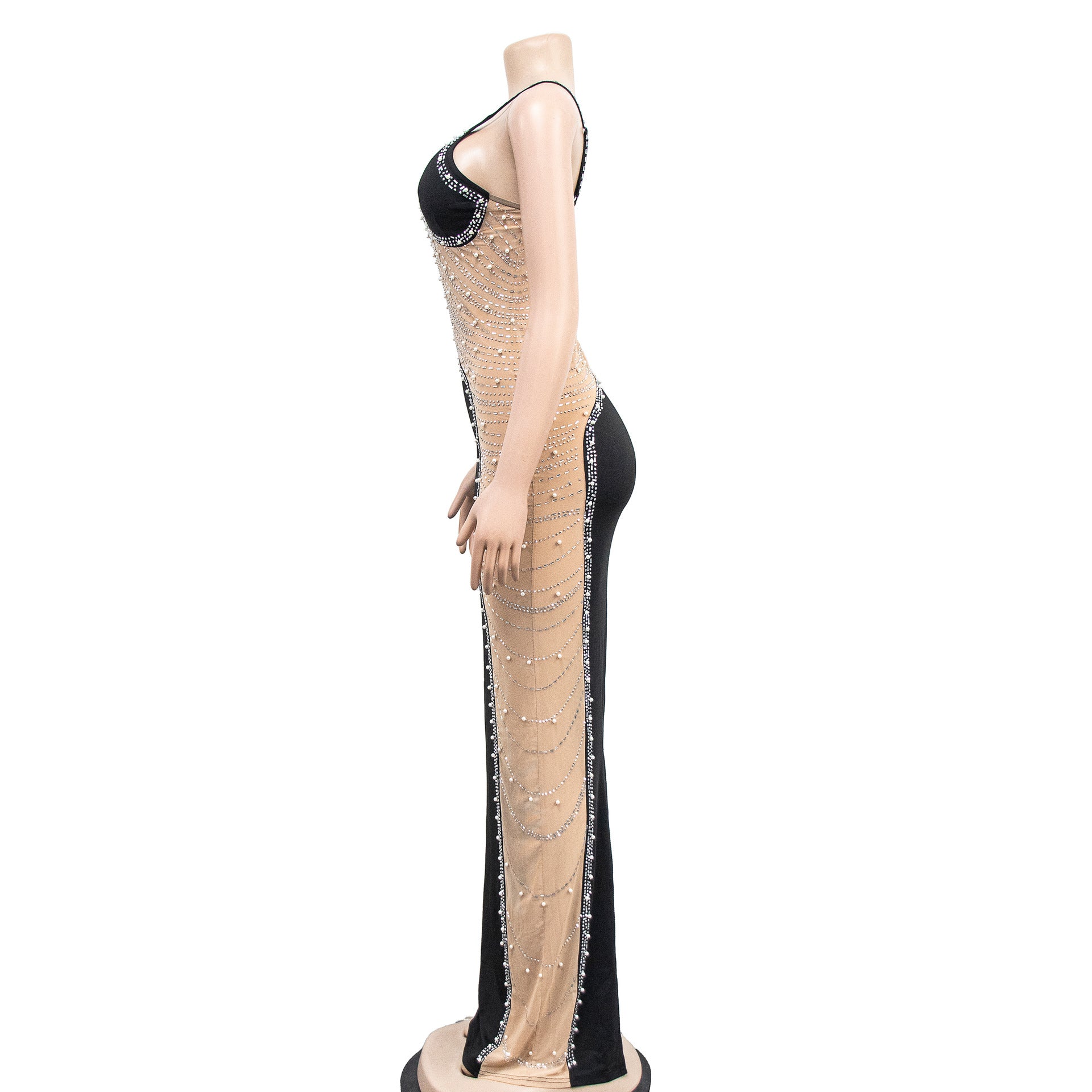 Fashion Women's Solid Color Beaded Sleeveless Strap Long Dress 19