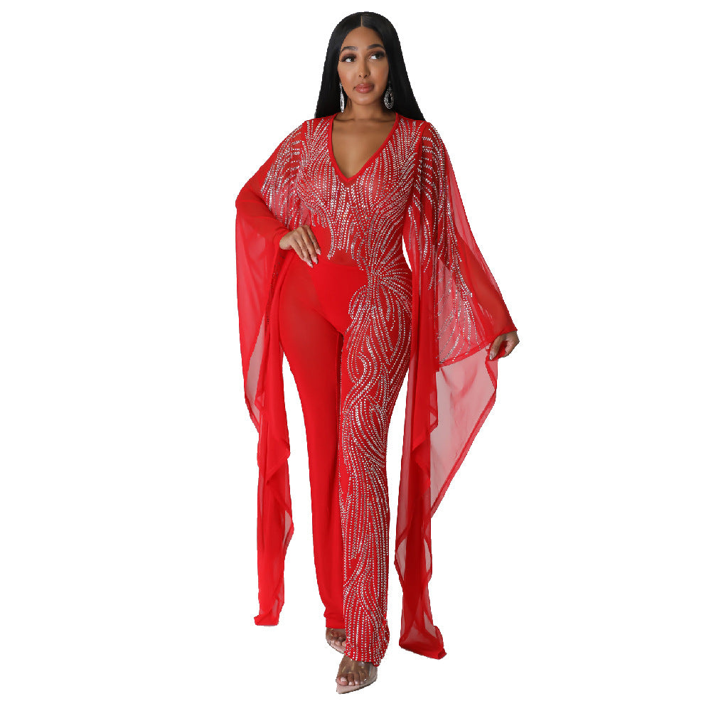 Fashion V-Neck Bat Sleeves See-Through Beaded Sexy Nightclub Party Jumpsuit 5