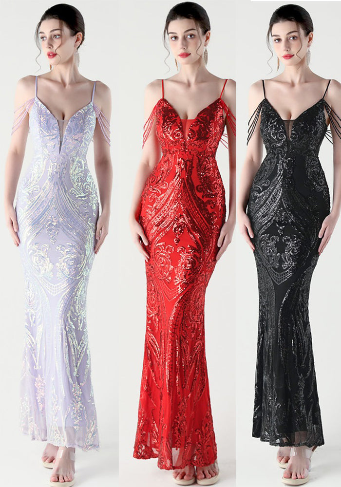 Women Formal Party Sequined Beaded Fishtail Evening Dress