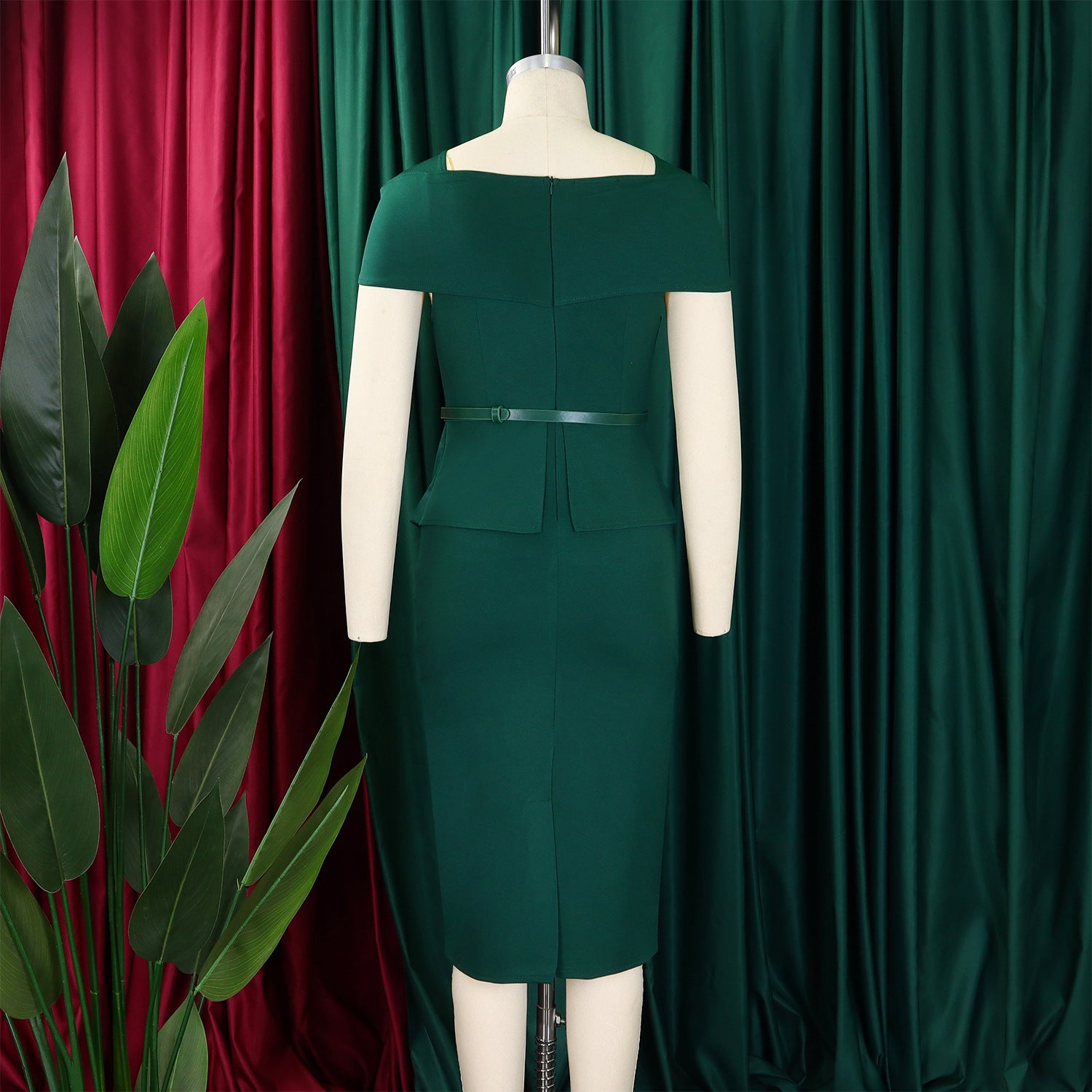 African Women's Solid Color High-Waist Ruffle Short-Sleeve Square-Neck Bodycon Pencil Dress 19